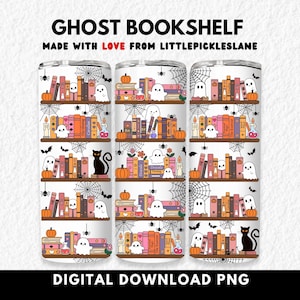 Ghost Bookshelf 20oz Sublimation Tumbler Wrap Design, Spooky Book Wraps, Halloweener Bookcase Horror Reader Wrap, Digital Download