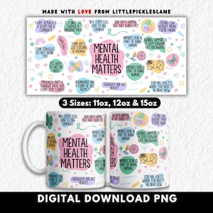 Adesivo para caneca com afirmação sobre saúde mental, sublimação PNG, caneca para ansiedade e amor próprio, download digital, designs para canecas, lembretes diários