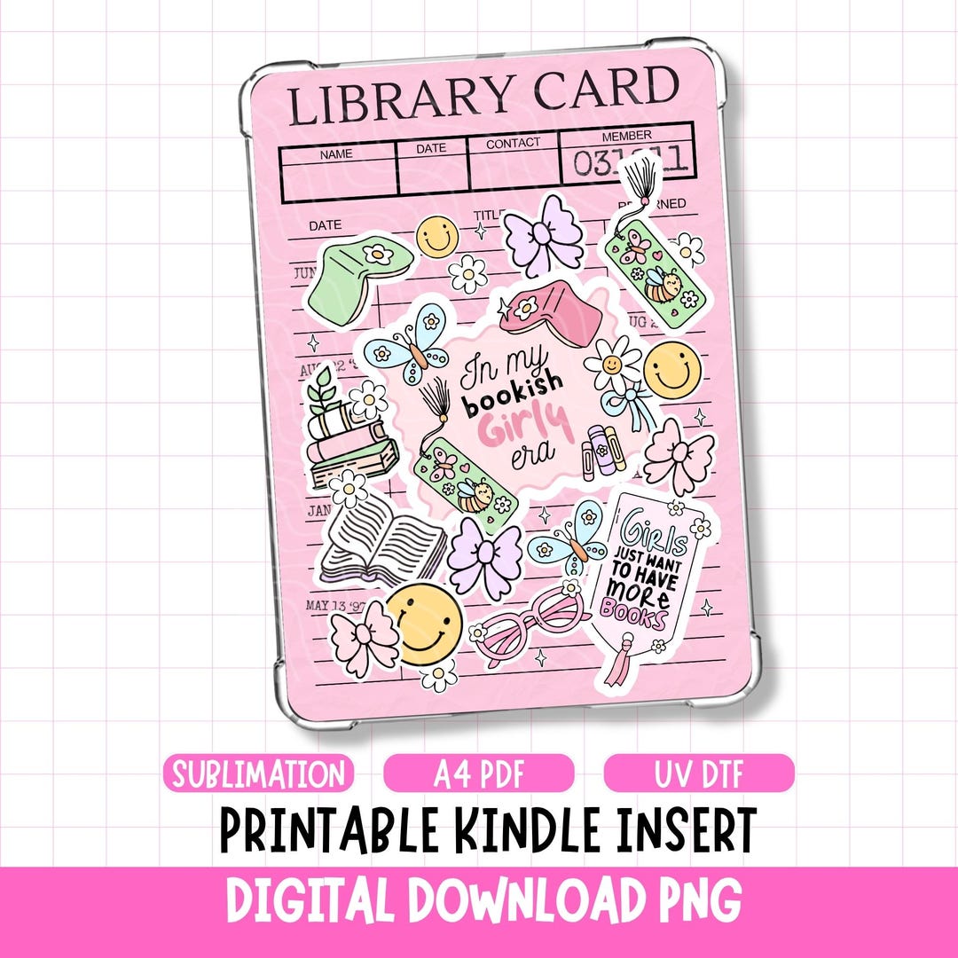 Bookish Girly Kindle Case Printable Insert, Library Card Cover Design ...