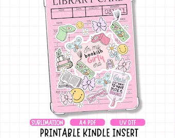 Bookish Girly Kindle-hoesje afdrukbaar inlegvel, omslagontwerp bibliotheekkaart, UVDTF-sublimatie (digitale download, png-/pdf-bestand)