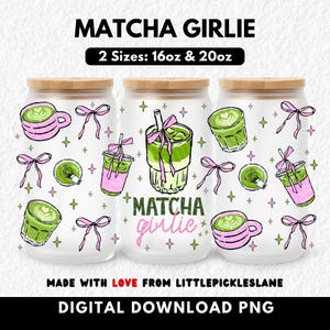 May include: Three glass tumblers with bamboo lids, decorated with matcha-themed illustrations. The design includes matcha drinks, cups, and bows in pink and green. Text on the image reads "MATCHA GIRLIE" and "2 Sizes: 16oz & 20oz".