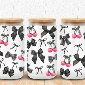 Stylish 16oz and 20oz Libbey glass can wrap featuring a chic coquette aesthetic with glossy black bows, pearl heart accents, and vibrant pink cherries on a sleek black background. Perfect for sublimation or UV DTF transfers, this seamless design adds a cute yet edgy vibe to drinkware, making it ideal for gifts, small business products, or custom tumblers. Sized to fit both 16oz and 20oz Libbey glass cans for a flawless wrap finish.
