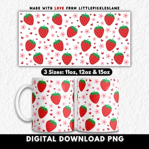 Diseño de fresas para tazas (PNG para sublimación), Tazas de café con fresas, Estampados digitales para tazas con forma de corazón, Bonito diseño veraniego de frutas y flores.