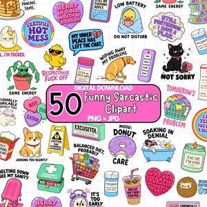 Może przedstawiać: Kolekcja 50 cyfrowych naklejek clipart z sarkastycznymi frazami i ilustracjami, w tym kotem, psem, pączkiem, wózkiem sklepowym, buteleczkami na leki i różnymi humorystycznymi projektami tekstowymi na białym tle w kratkę.