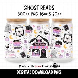 Halloween Ghost Reader 16oz Can Wrap PNG, Sublimation UVDTF Tumbler Wraps, Bookish Spooky Girlie, (Digital Download)