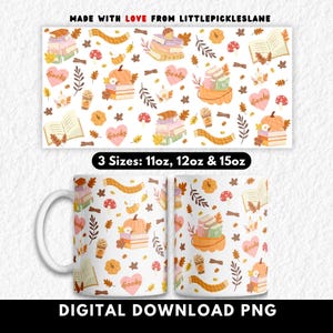 Può includere: Tazza in ceramica bianca con un motivo ripetuto di libri, zucche, foglie e tazze di caffè. La tazza ha un manico sul lato sinistro. Il testo "Books" è sul design. La tazza è disponibile in 312ml, 340ml e 425ml. Le parole "DIGITAL DOWNLOAD PNG" sono in basso.