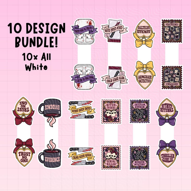 Puede incluir: Un paquete de 10 pegatinas con tem&aacute;tica de cr&iacute;menes reales que incluye auriculares, cuchillos, lazos en forma de coraz&oacute;n, tazas con la palabra EVIDENCE y dise&ntilde;os de sellos con textos como COLD CASE CLUB, TRUST NO ONE y THRILLER GIRLIE.