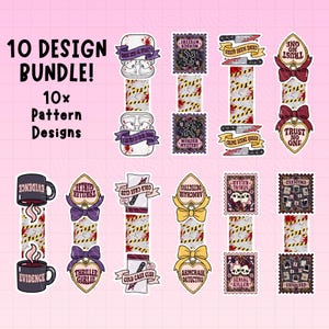Puede incluir: Un paquete de dise&ntilde;o digital con 10 patrones y pegatinas de tem&aacute;tica de cr&iacute;menes reales. Los elementos incluyen tazas con la etiqueta EVIDENCE, etiquetas en forma de coraz&oacute;n con lazos, cuchillos, calaveras y motivos de cinta de precauci&oacute;n. Texto: 10 DESIGN BUNDLE! 10x Pattern Designs.