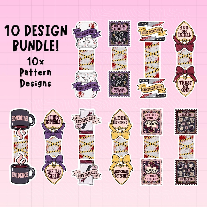 Puede incluir: Un paquete de dise&ntilde;o digital con 10 patrones y pegatinas de tem&aacute;tica de cr&iacute;menes reales. Los elementos incluyen tazas con la etiqueta EVIDENCE, etiquetas en forma de coraz&oacute;n con lazos, cuchillos, calaveras y motivos de cinta de precauci&oacute;n. Texto: 10 DESIGN BUNDLE! 10x Pattern Designs.