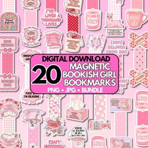 Pode incluir: Um download digital de 20 marcadores magnéticos "Bookish Girl" em rosa, branco e vermelho. Os marcadores apresentam várias ilustrações e frases temáticas de livros, incluindo "Books & Tea" e "I've Lived a Thousand Lives."