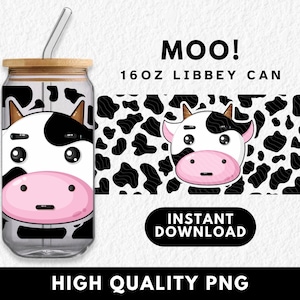 Cow 16oz Glass Can Tumbler Wrap PNG, Libbey Cans, Cute Girl Moo Cow Print, Cup Wraps, Farm Animals, Sublimation UV DTF Design