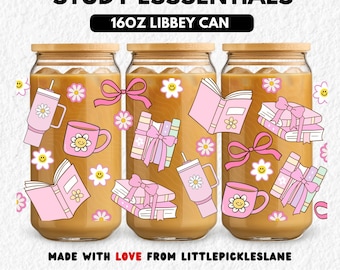 Bookish Girl 16oz Tumbler Can Wrap, Booktok Study Pink Coquette Libbey Cup Glasses, Sublimation UVDTF Design, Digital Download PNG