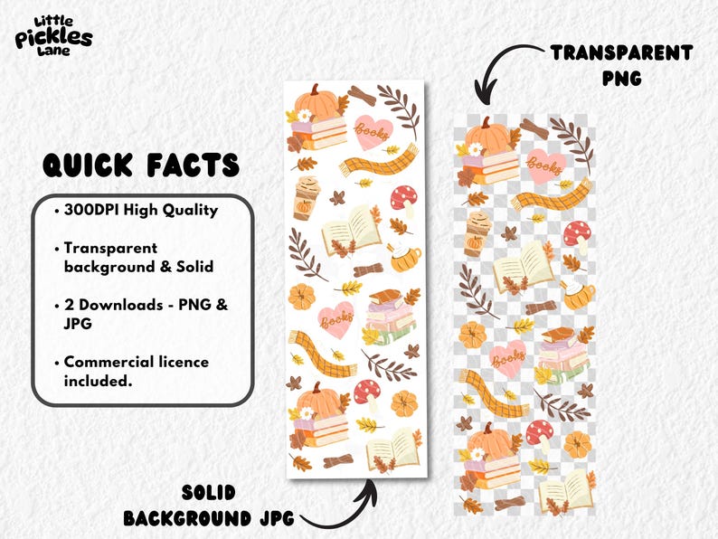 Puede incluir: Un dise&ntilde;o digital con ilustraciones oto&ntilde;ales, incluyendo calabazas, libros, hojas, caf&eacute; y una bufanda. El dise&ntilde;o incluye el texto "Books" y "Little Pickles Lane". Disponible en formatos PNG y JPG.