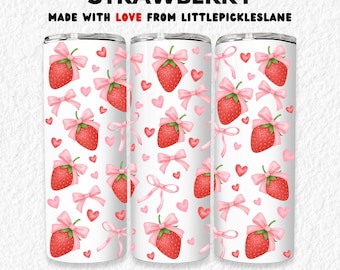 Coquette Strawberry 20oz Sublimation PNG, Skinny Tumbler Design, Strawberries Bow Wraps, Trending Girl Ribbon Bows, Digital Instant Download