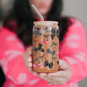Emballage de 16 oz de cerisier gothique, png, boîtes de conserve Libbey de 20 oz, sublimation UVDTF, emballages de gobelets Coquette Girl, noeuds noirs image 6
