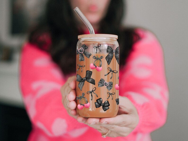 Emballage de 16 oz de cerisier gothique, png, boîtes de conserve Libbey de 20 oz, sublimation UVDTF, emballages de gobelets Coquette Girl, noeuds noirs image 6