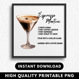 Receita de coquetel em aquarela Menu de carrinho de bar, coquetéis exclusivos, placa de bebida de casamento, clipart de álcool, bebidas de arte de parede, espresso martini PNG