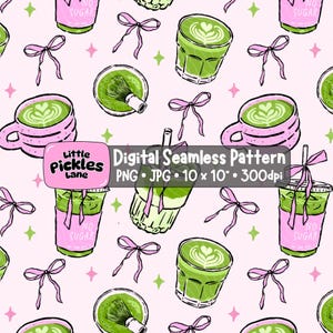 May include: A digital seamless pattern on a light pink background featuring illustrations of matcha lattes, iced matcha drinks with pink sleeves labeled NO SUGAR, bamboo whisks, and pink bows, with text Little Pickles Lane Digital Seamless Pattern.