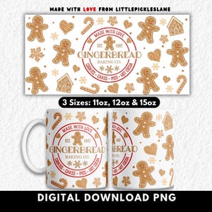 Peut inclure: Mugs en céramique blanche sur le thème du pain d'épices. Les tasses présentent des bonhommes en pain d'épices, des cœurs, des flocons de neige et des cannes en sucre. Les tasses ont le texte "Gingerbread Baking Co." et "Made with Love". L'image montre également une bannière avec le texte "3 tailles : 312 ml, 340 ml et 425 ml".