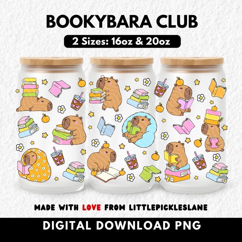Kawaii Capybara Book Lover Tumbler Wrap, Bookish Reading PNG (digital ...