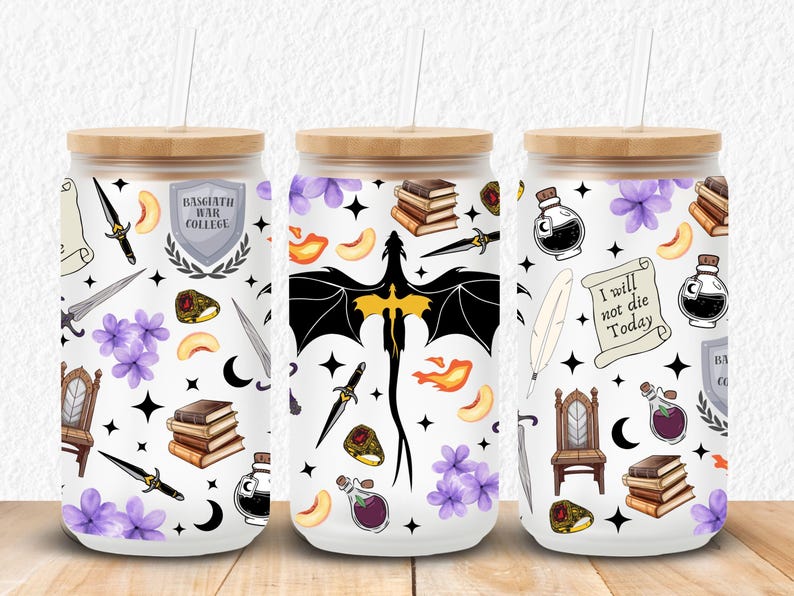 Fourth Wing inspired glass can wrap for 16oz and 20oz Libbey cups. Features Basgiath War College crest, dagger swords, dragon wings, peaches, potion bottles, and the quotes “Fly or Die” and “I will not die today.” Perfect for booktok fans, fantasy romance lovers, or Violet Sorrengail merch. Great for sublimation or UV DTF projects.