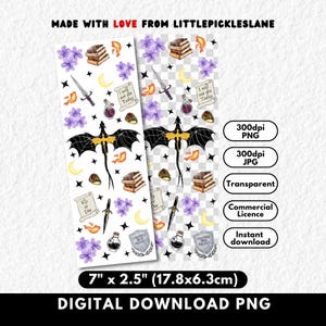 May include: Digital PNG file with fantasy illustrations. It features a black dragon, swords, potion bottles, books, and floral elements. The text reads "Fly or Die" and "I will not die Today". The file measures 17.8cm x 6.3cm.