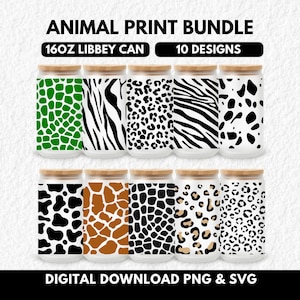 Animal Print Tumbler Wrap Bundle, Libbey Can Wraps, Coffee Cup, Cow, Leopard, Zebra, Sublimation UVDTF Design, Digital Download PNG SVG