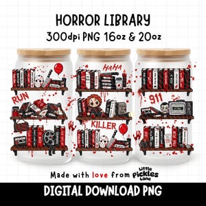 Horror Halloween Can Wrap 16oz Sublimation Tumbler Wraps, Bookish Thriller Reader Bookcase Library Digital Download PNG