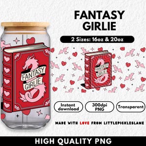 Romantasy Girl 16oz Libbey Glass Can, 20oz Libbey Cans, Fantasy Dragon Books Tumbler Cup Wraps, Sublimation UVDTF Design, Book Lover Reader