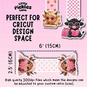 May include: Pink background with stickers featuring cartoon Highland cows wearing glasses and reading books. The image includes text that reads "Little Pickles Lane" and "Perfect for Cricut Design Space." The stickers are 6 inches (15cm) wide and 2.5 inches (6cm) tall.