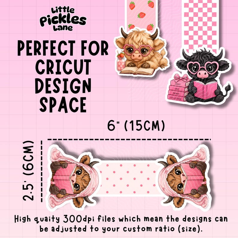 May include: Pink background with stickers featuring cartoon Highland cows wearing glasses and reading books. The image includes text that reads "Little Pickles Lane" and "Perfect for Cricut Design Space." The stickers are 6 inches (15cm) wide and 2.5 inches (6cm) tall.