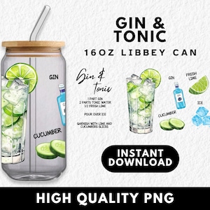 Recette de cocktail à l'aquarelle, emballage de canette en verre de 16 oz, clipart gin tonic, sublimation UVDTF, menu de chariot de bar, boissons cocktail signature