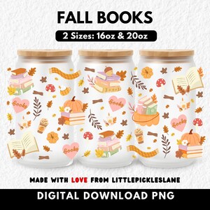 Diseño PNG de vaso térmico de 473 ml (16 oz) para lectura acogedora, temporada de otoño, chica lectora leyendo (descarga digital)