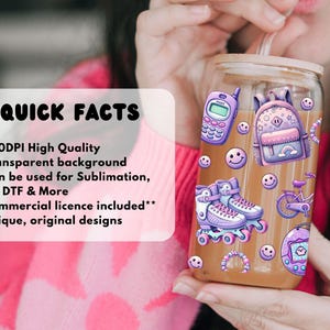May include: A glass tumbler with a wooden lid and straw, decorated with stickers of a purple cell phone, backpack, roller skates, bicycle, and smiley faces. The tumbler is filled with a light brown liquid.