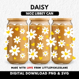 Daisy Heart Flowers 16oz Libbey Glass Can Wrap, Tumbler Cup Wraps, Spring Flower Daisies, Sublimation UVDTF Design, Digital Download PNG SVG