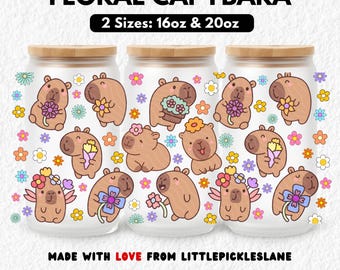 Capybara 16oz Glass Can Tumbler Wrap PNG, Cute Floral Capybaras, 20oz Libbey Cans Cup Wraps, Sublimation UVDTF Designs, Animal Capibara
