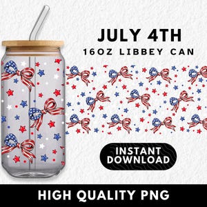 4. Juli Tumbler Wrap 16 Unze Libbey Glass Dose, patriotischer Unabhängigkeitstag der Kokette, Sublimations-UVDTF Design Cute America Cherry Bögen Wraps