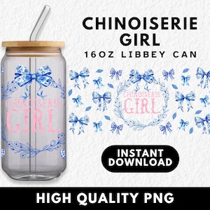 Chinoiserie Girl 16 Unzen Glasdose Tumbler Wrap PNG, Libbey Cup Wraps, süße Girly Kokette Bänder Bogen, Sublimations UV DTF Design, blaue Bögen