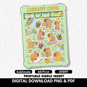 Puede incluir: Un diseño de tarjeta de biblioteca verde claro con ilustraciones de carpinchos leyendo libros, bebiendo café y rodeados de estrellas y flores. La tarjeta tiene el texto "LIBRARY CARD" y "DIGITAL DOWNLOAD PNG & PDF".