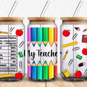 Back-to-school themed digital PNG design wrap for 16oz Libbey glass cans, featuring colorful rainbow pencils, apples, rulers, sharpeners, erasers, notebooks, and paperclips. Ideal for sublimation printing or UV DTF and DTF transfers. A bright and fun gift for teachers, students, or classroom decor. Perfect for creating unique teacher appreciation tumblers or educational accessories with a cheerful school supply theme.