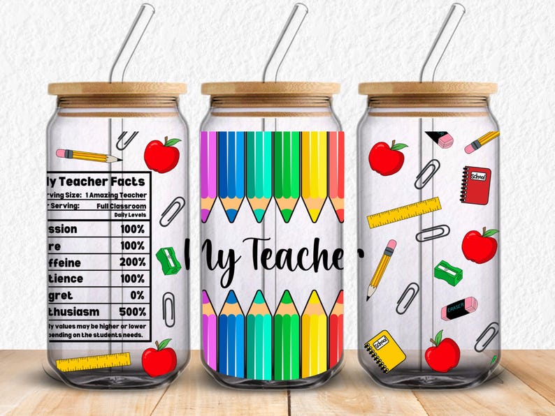 Back-to-school themed digital PNG design wrap for 16oz Libbey glass cans, featuring colorful rainbow pencils, apples, rulers, sharpeners, erasers, notebooks, and paperclips. Ideal for sublimation printing or UV DTF and DTF transfers. A bright and fun gift for teachers, students, or classroom decor. Perfect for creating unique teacher appreciation tumblers or educational accessories with a cheerful school supply theme.