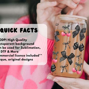 Emballage de 16 oz de cerisier gothique, png, boîtes de conserve Libbey de 20 oz, sublimation UVDTF, emballages de gobelets Coquette Girl, noeuds noirs image 5