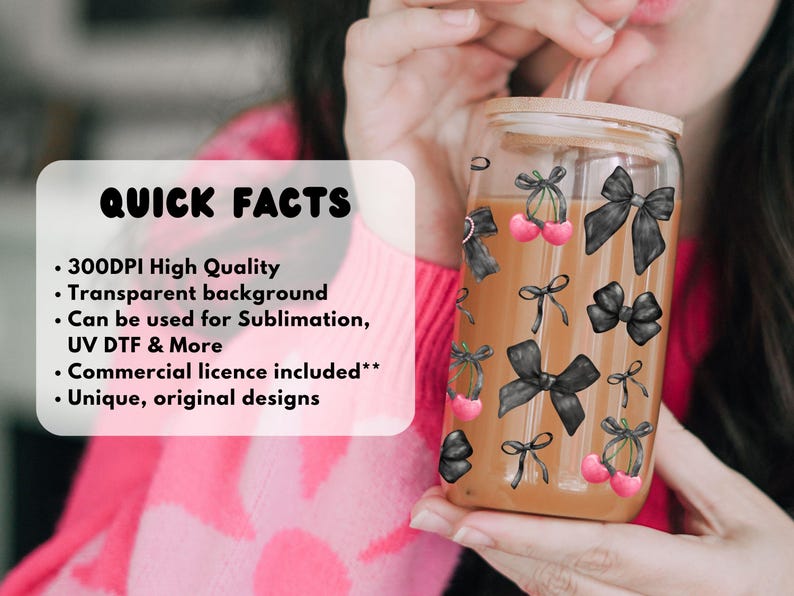 Emballage de 16 oz de cerisier gothique, png, boîtes de conserve Libbey de 20 oz, sublimation UVDTF, emballages de gobelets Coquette Girl, noeuds noirs image 5