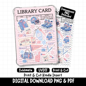 Puede incluir: Un diseño de tarjeta de biblioteca digital con fondo rosa claro y varias pegatinas deportivas, incluyendo una chaqueta universitaria, patines de hockey, un casco, un banderín, una bolsa de deporte y un dedo de espuma. El texto dice LIBRARY CARD, 031211, y frases deportivas.