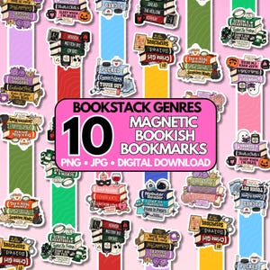 Puede incluir: Una colección de diez marcapáginas magnéticos digitales con pilas de libros, diversas ilustraciones y textos temáticos de géneros, incluyendo títulos como Pucked, Crime Girl y Romantasy, sobre un fondo rosa con franjas de colores verticales.