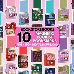 May include: A digital collection of 10 magnetic bookish bookmarks featuring illustrated bookstore facades with titles like Ghostly Books, Rugby Romance Book Club, Deep Space Library, and Haunted Reading Club, presented on a pink striped background.