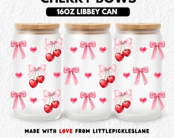 Coquette Cherry Bow 16oz Tumbler Can Wrap, Libbey Cup Wraps, Sublimation UVDTF Design, Girl Bows Cherries, Digital Download PNG