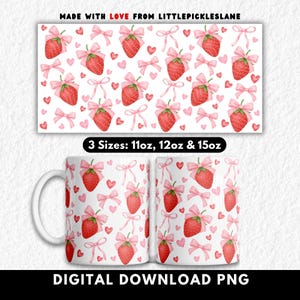 Diseño PNG de taza con estampado de fresas y coquetas para sublimación, tazas de café con diseños femeninos, lazos de cinta para niñas, fresas estilo cottagecore y frutas de verano.