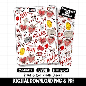 May include: A digital design for a Kindle insert featuring a horror-themed pattern with red blood splatters, heart-shaped lockets, yellow raincoats, knives, masks, and text including 911, KILLER, RUN, and HAHA on a white background with a transparent option.