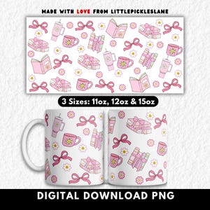 Coquette Girl Mug Wrap Sublimation Design PNG, Coffee Mugs Designs, Cup Digital Prints, Girl Book Essentials Wraps, Ribbon Bows Bookish